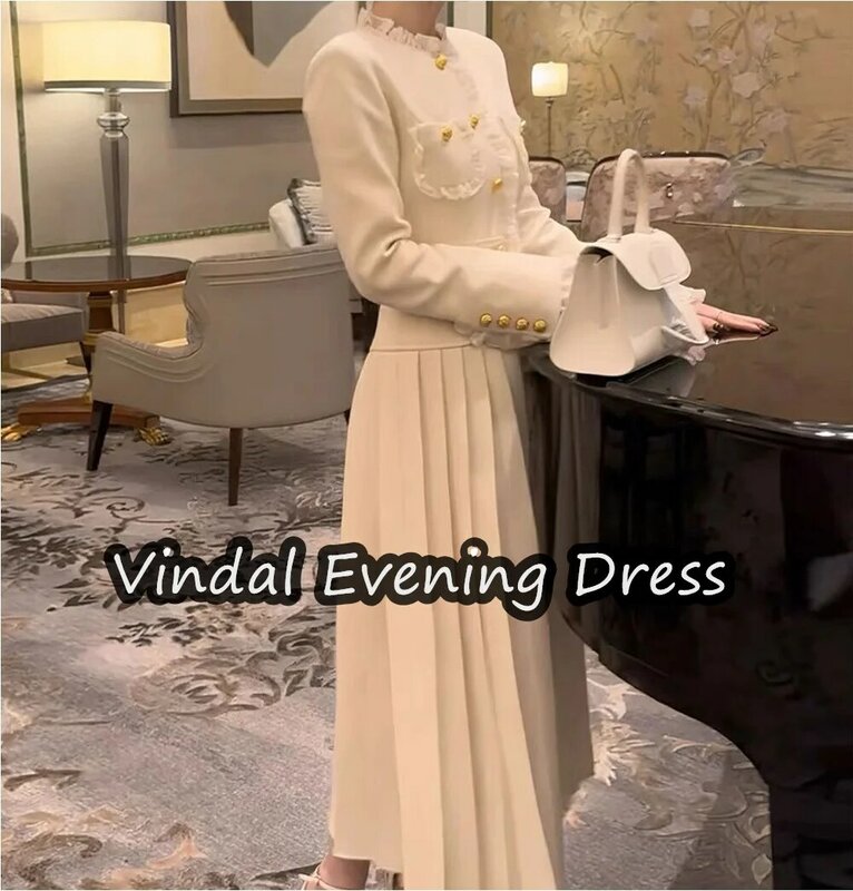 VindalScoop Neckline Tea length A-Line Evening Dress Ruffle Crepe  Elegant Built-in Bra Saudi Arabia Long Sleeves For Woman 2024