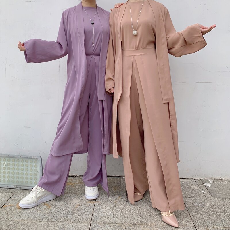 Modna muzułmańskie Kimono Abaya kardigan Ramadan Dubai indyk Eid sukienka islamska luźna wygodna 2-częściowa komplety damskie stroje