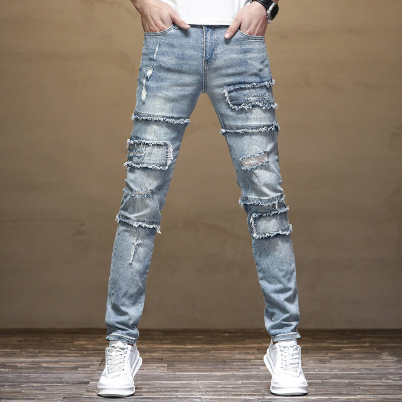 2024New Retro Distressed Ripped Jeans Men's Patch Stretch Slim Fit Stitching Straight Nostalgic High Street Motorcycle Pants