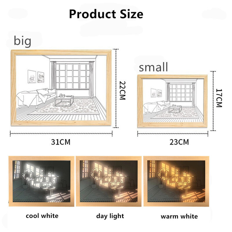 USB Power LED Sketch Night Light Minimalist Painting  Wall Artwork Table Lamp Touch Control Wooden Photo Frame Lamp Home Decor