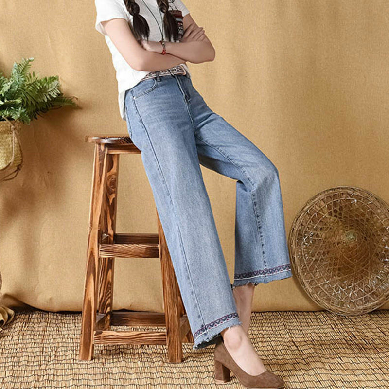 Wiosenna jesienna modny haft damska z szerokimi nogawkami spodnie dżinsowe w stylu Vintage luźna, wysoka talia przycięte spodnie odzież damska