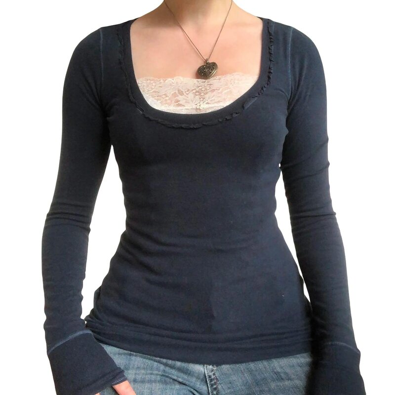Camisetas lisas ajustadas con cuello en V profundo para mujer, Top de manga larga, moda informal con botones, Tops básicos de otoño y primavera