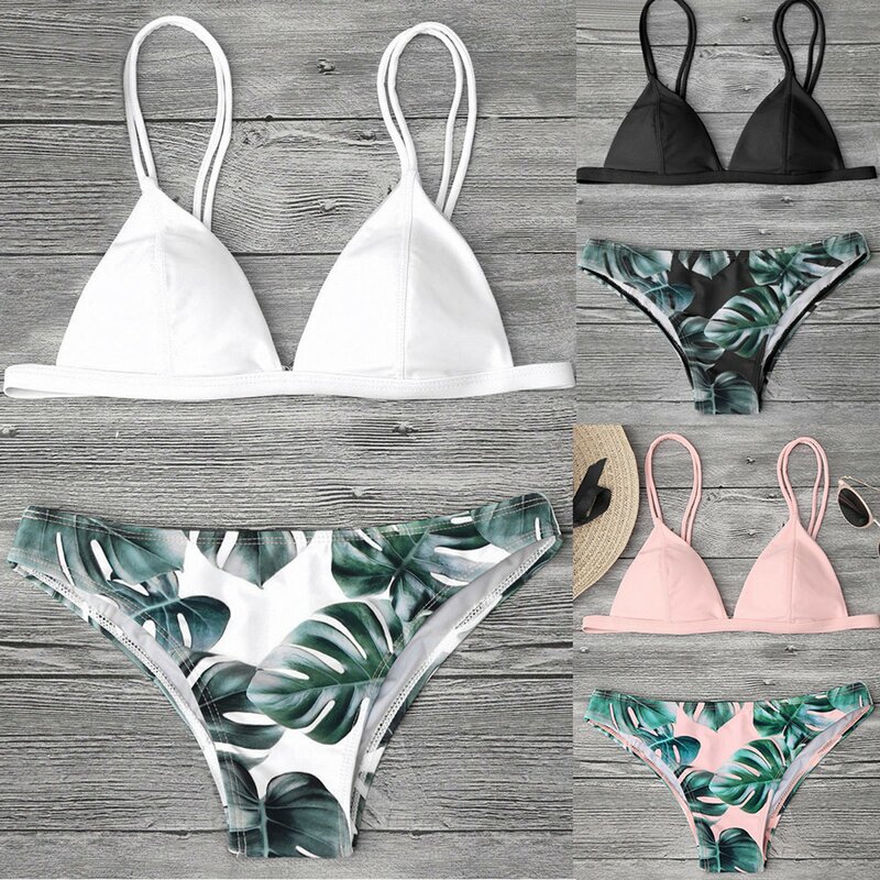 Ensemble de bikini imprimé feuilles pour femmes, maillots de bain rembourrés, vêtements de plage push-up, maillots de bain pour baigneurs, été, 2024