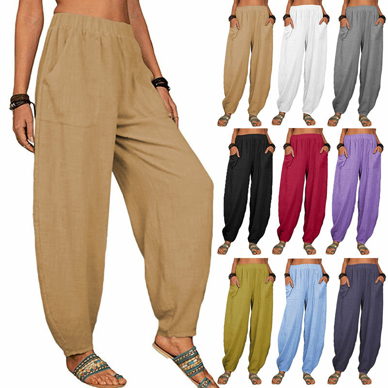Spodnie damskie haremki bawełniana pościel na lato z rozciągliwą talią, szeroka nogawki Vintage Boho spodnie plażowe jednolite, z kieszeniami damskie spodnie gorące