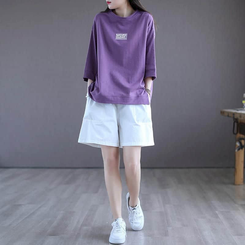 Fatos esportivos femininos de duas peças, conjunto de shorts 100% algodão, camiseta de meia manga, calça casual estilo coreano, verão