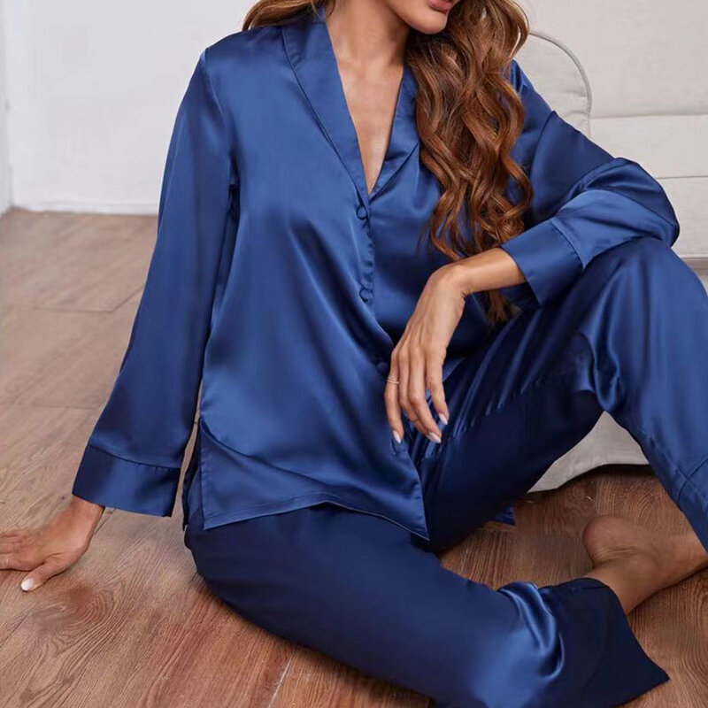 Women Silk Satin Pajamas Set Solid Causal Ladies Long Sleeve Sleepwear Fashion Comfort V-neck Loungewear Female Home Nightwear