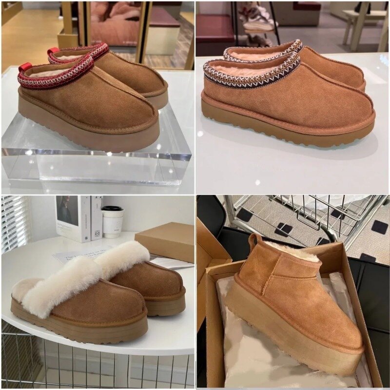 New in Women Slippers Slides Fluffy Sheepskin Fur Real Leather Boots Outside  Platform Boots Shoes for Women