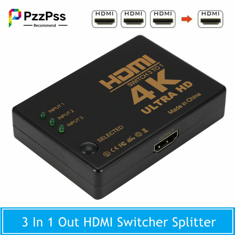 PzzPss HDMI Switch 4K Switcher 3 In 1 Out Full HD 1080P ที่แยกสายไฟ1X3 Hub อะแดปเตอร์แปลงสำหรับ PS4/3กล่องทีวี PC HDTV