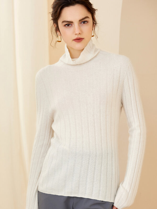 Sweter kasmir musim gugur musim dingin, Atasan pakaian rajut dasar ramping lembut Pullover leher Turtleneck lengan panjang kelas atas 100%