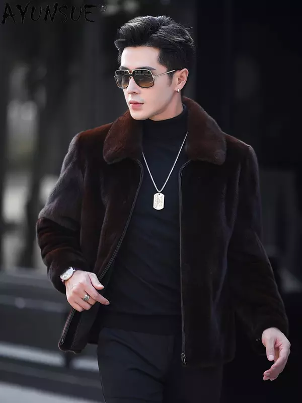 AYUNSUE Real Mink Fur Coat Men Luxury Winter 2023 Casual Business Mink Fur Jacket Male Pure Color Fur Coats and Jackets Jaqueta