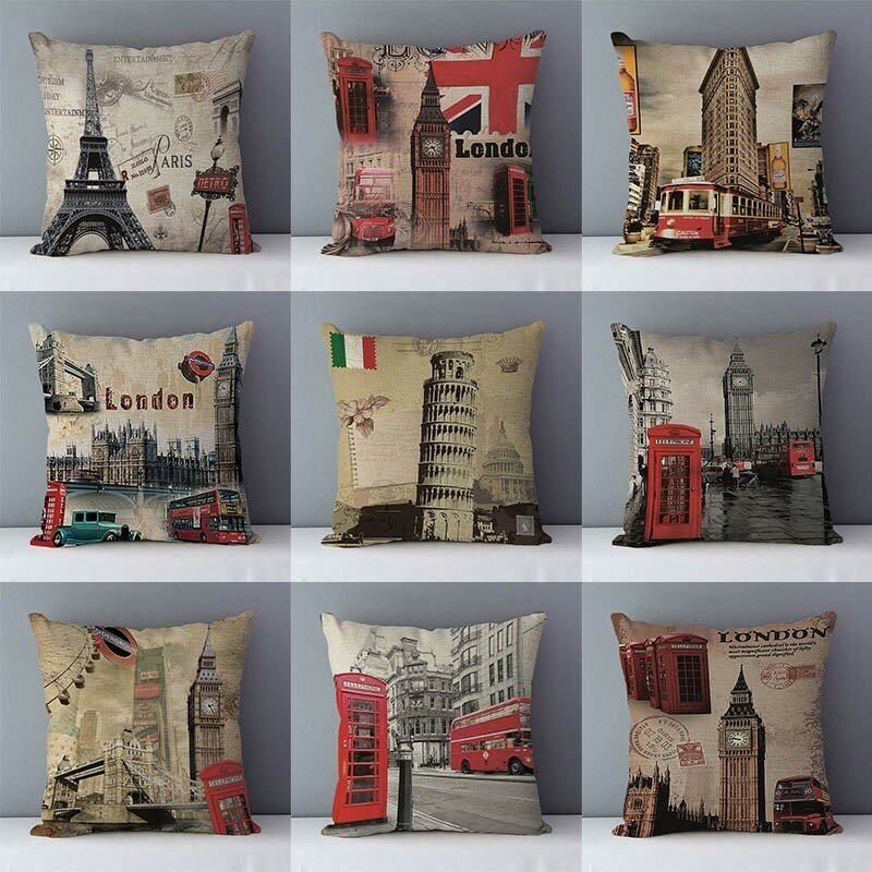 Retro Nostalgic Couch Cushion Home Decorative Pillows London Paris Scenic Printed Square Pillowcase Seat Back Cushions