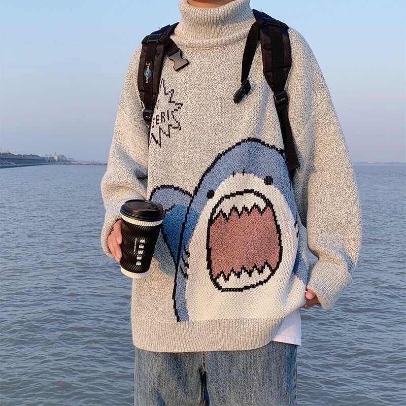 Sweater gaya Korea Musim Dingin 2022 Turtleneck Harajuku leher tinggi pria Sweater abu-abu Turtleneck ukuran besar tambal sulam hiu