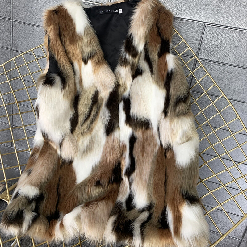 Colete de pele de raposa de comprimento médio feminino, casaco macio quente, contraste de cores remendos, europeu e americano, inverno