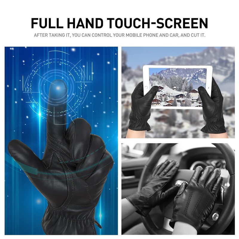 BISON DENIM Sheepskin Leather Gloves for Men Winter Warm Cashmere Lined Touchscreen Sport Gloves for Running Cycling Ski Driving