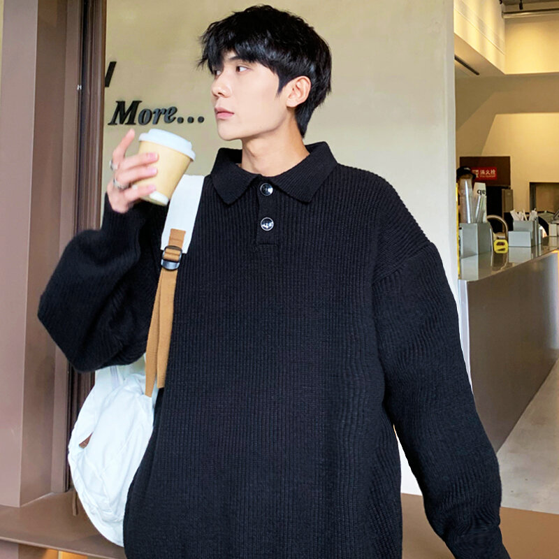 New Spring Autumn Turn Down Collar Loose Lapel Shirts Pullovers Knitted Polos Solid Color Oversize Couple Outfit  Hommo Sweaters