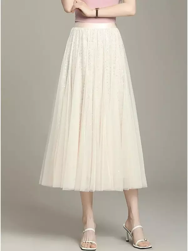 LOUIS YAO-Falda larga de malla con lentejuelas para mujer, prenda de cintura alta, informal, a la moda, verano, 2024