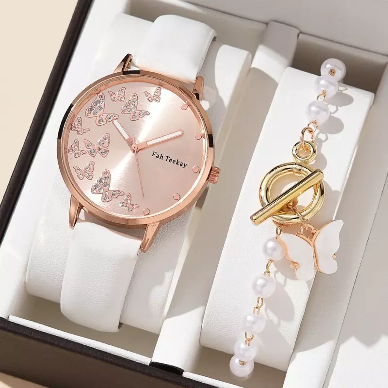 2pcs Set Womens Butterfly Watches Ladies Fashion Watch New Simple Casual Women Leather Belt Wristwatches Bracelet Gift (NO BOX)