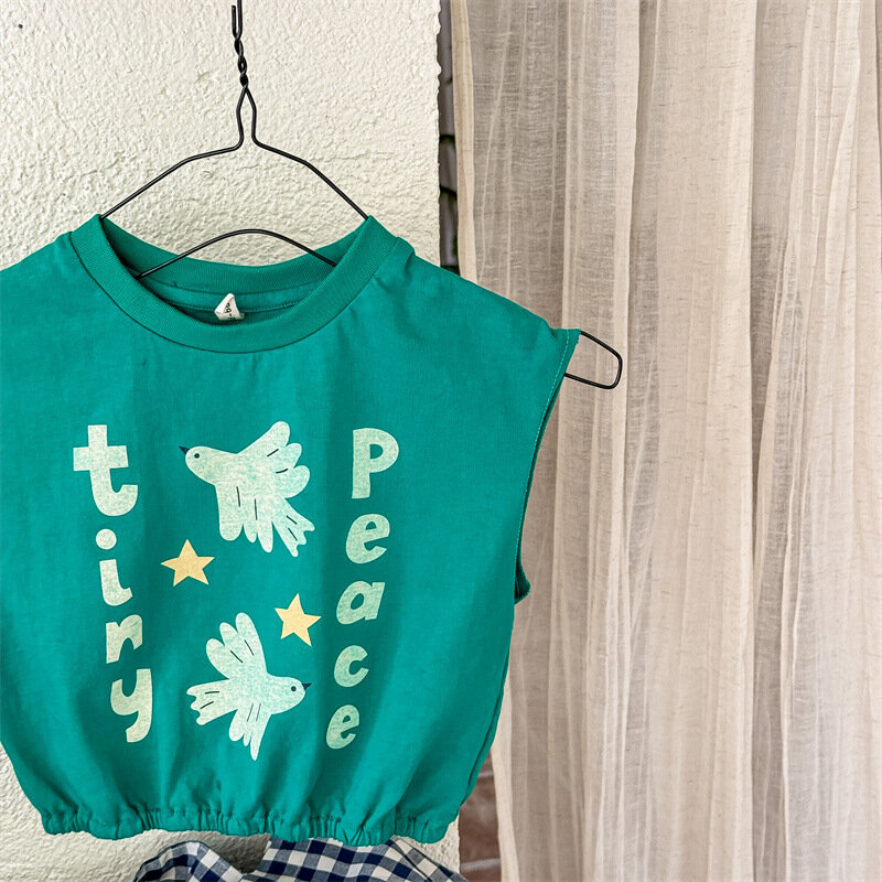 ノースリーブの漫画プリントベスト,女の子用の綿のTシャツ,幼児用の文字が付いたカジュアルなトップス,赤ちゃんの服,新しい夏のコレクション2022
