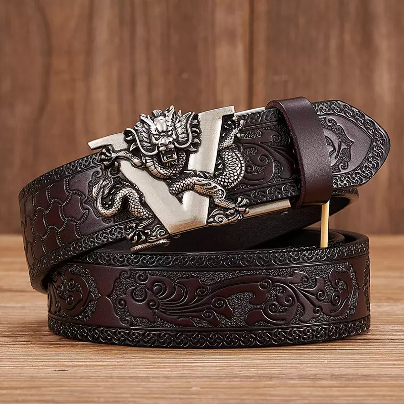 New 3.5CM V Buckle Cowskin Genuine Leather Belt Quality Alloy Automatic Buckle Print Wasitbad Strap Gift Bussiness Male Belt Men