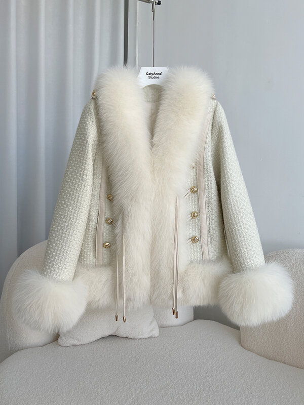 2023 Real Fur Coat Winter Jacket Women Natural Fox Fur Weave Knit Buttons Blended Casual V-neck Thick Warm Tweed New