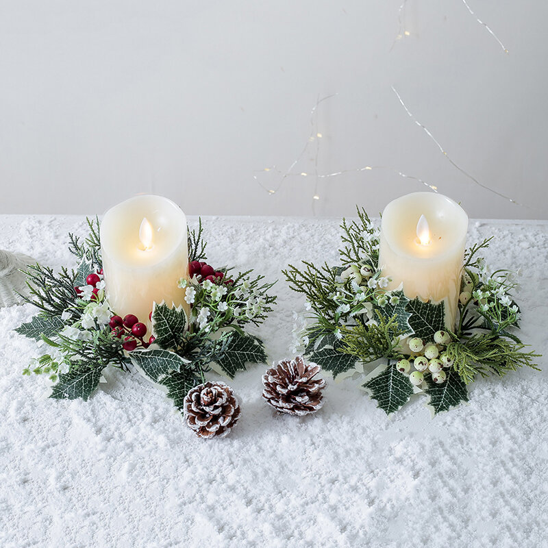 Christmas Ornaments Candle Holder Candlestick Wreath Centerpiece Artificial Cherry Pinecone Garland New Year Xmas Wedding Decor