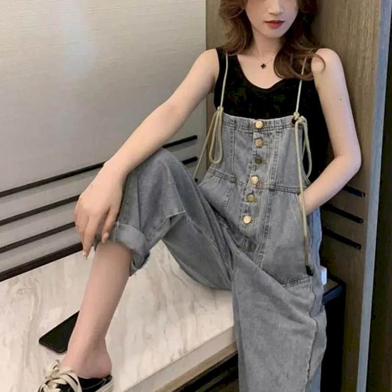 Denim Jumpsuits for Women Lace-up Thin One Piece Outfits Women Rompes Loose Korean Style Casual Vintage Playsuits Women Clothing