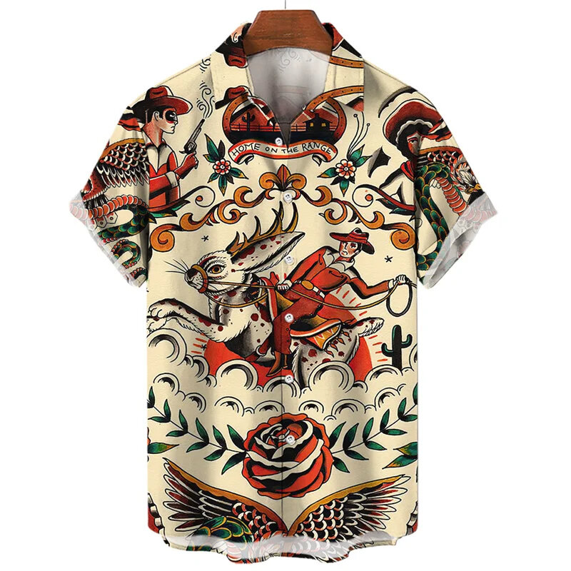Camisa de manga corta con solapa para hombre, camisa con estampado digital retro 3D