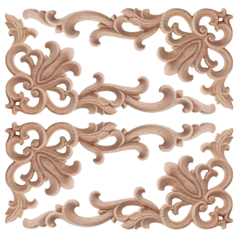 4PCS Woodcarving Decal Wood Appliques for Furniture Cabinet Unpainted Wooden Mouldings Decal Decorative Figurine 20x10cm