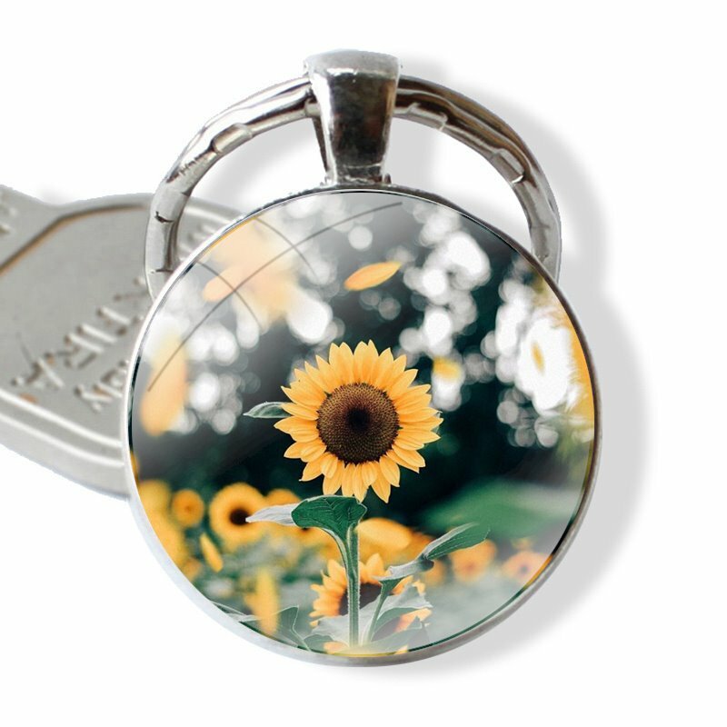 Handmade vidro chaveiro com pingente floral, margarida, girassol, flor floral, cabochão, chaveiro titular, bonito, verão