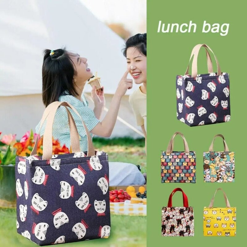 Canvas Lunch Bag New Cartoon Print Food Storage Tote Food Bag Breakfast Organizer Large Capacity Insulated Lunch Box