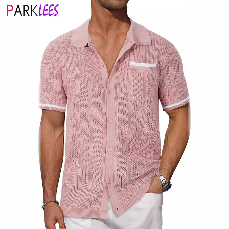 Mens Pink Short Sleeve Knit Hollowed Shirts 70s Vintage Button Down Polo Shirt Men Casual Vacation Beach Chemise Homme Camisa