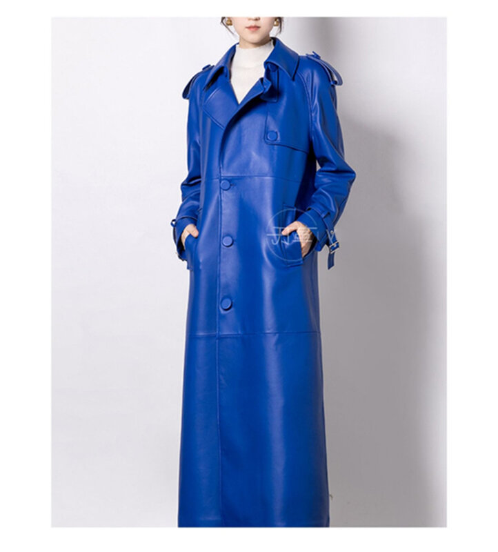 여성용 엑스트라 롱 럭셔리 소프트 PU 가죽 트렌치 코트, 우아한 블루, 세련된 런웨이, 유럽 패션, 용수철 가을, 2024