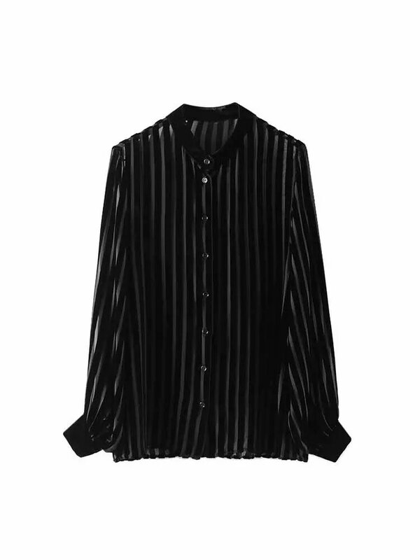 Women 2023 New Fashion Series silk blend Loose Striped velvet Blouses Vintage Long Sleeve Button-up Female Shirts Chic Tops