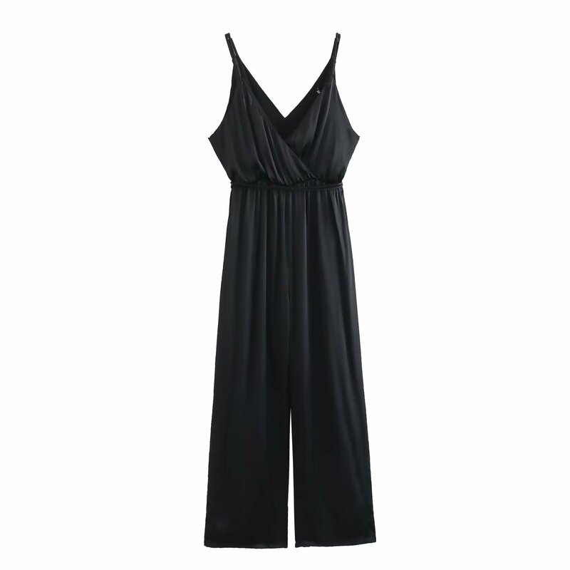 Dave&Di French Ladies Elegant Satin Fashion Black Color Pleated Suspenders Jumpsuit Women Casual Overalls