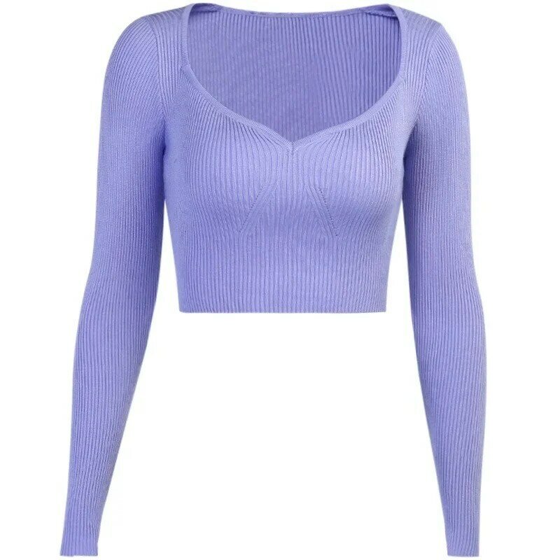Sweater rajutan lengan panjang warna polos Pullover Wanita atasan lengan panjang 2023 musim gugur baru sweter tujuh titik seksi tidak beraturan