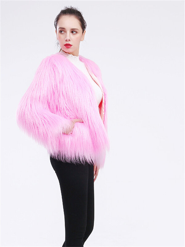 여성용 인조 모피 코트, 짧은 슬림 긴 소매 포켓, 블랙 핑크 워터 워시, 양털 외투, 2023 가을 겨울, 신상 패션