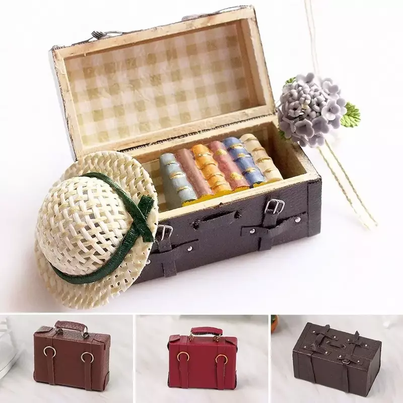 Ww-mini mala de madeira para bonecas, acessórios estilo vintage, caixa miniatura, bagagem portátil, bagagem de couro