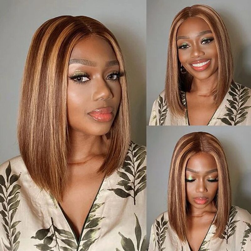Highlight Brown Straight Bob Wig 13x4 Lace Front Human Hair P4/27 Ombre Colored 8-18 Inch Pre Plucked Frontal Bob Wigs for Women