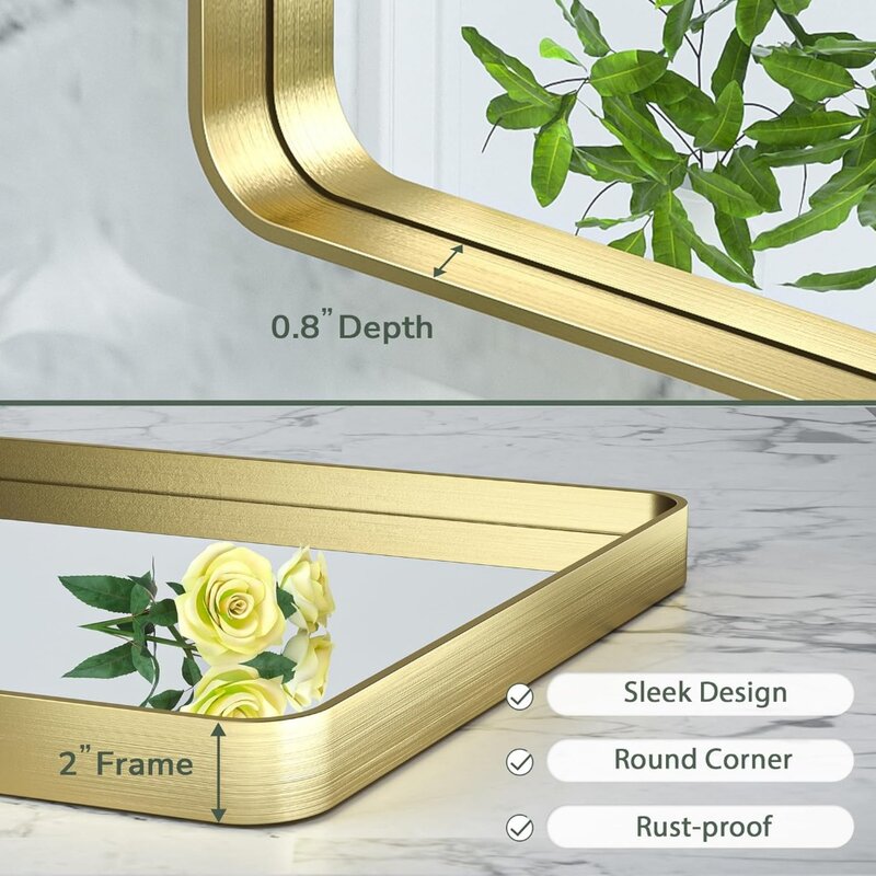 Złoty lustro łazienkowe na ścianę 40X30 Cal zaokrąglony narożnik prostokąt z aluminium rama ze stopu metali głęboko osadzona bez ładunkowy lusterka