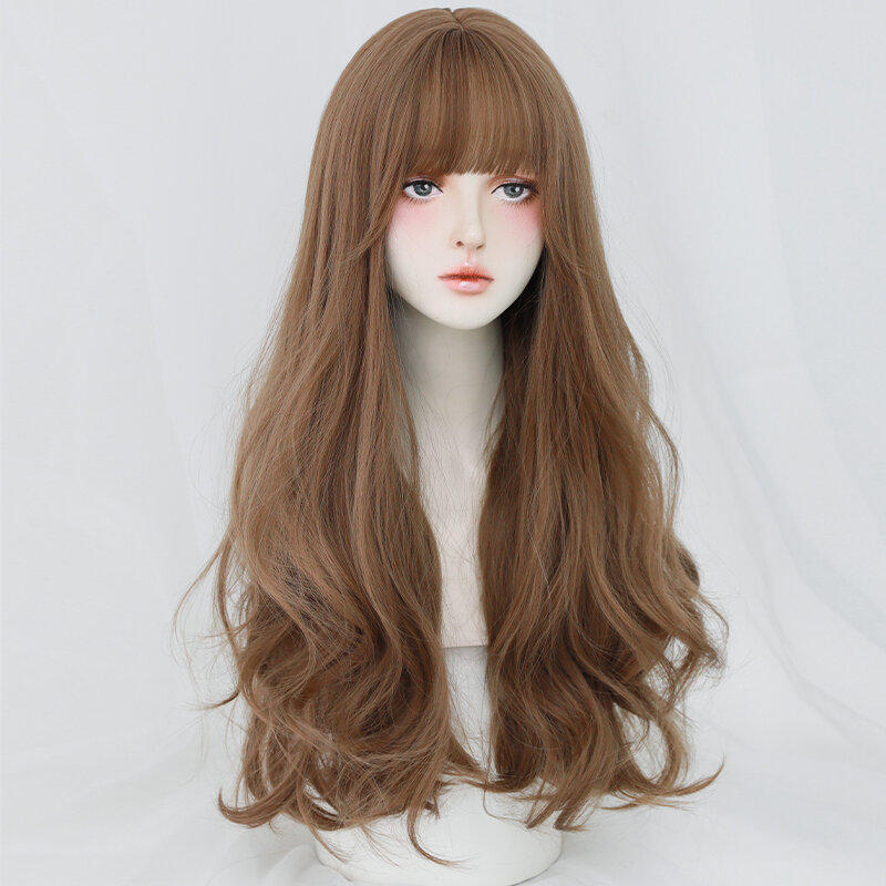 7JHH парики Стандартный парик синтетические волнистые волосы медово-коричневые парики с аккуратной челкой высокая плотность волнистые коричневые волосы парик для женщин