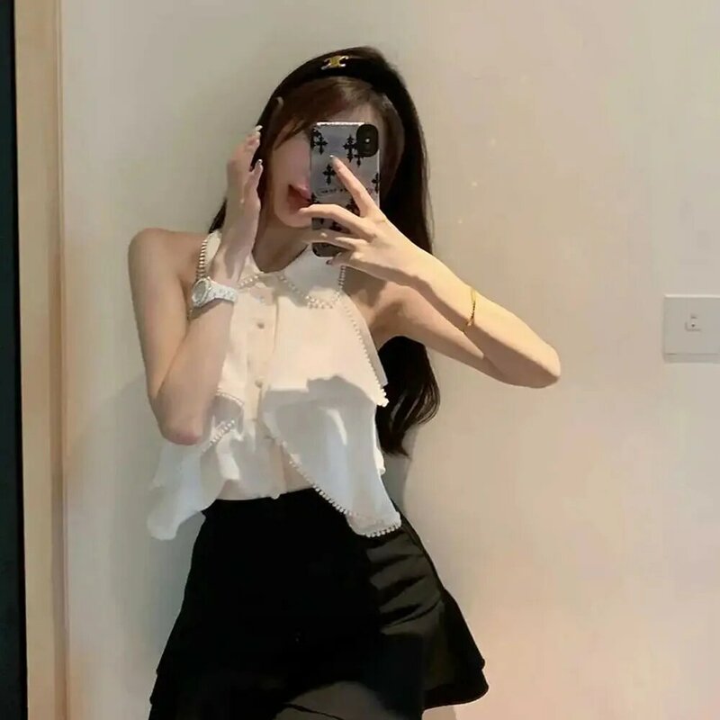 Franse Temperament Single Breasted Blouse Vrouwen Chique Sweet Shirts Turn Down Kraag Mouwloze Blouses Koreaanse Elegante Tops Dames