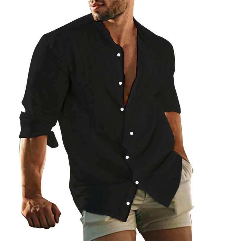 Męskie bawełniane lniane koszule klapy z jednolita, krótka rękawem profesjonalne bluzki do pracy dla mężczyzn Harajuku w całości zapinana na guziki bluz z półrękawem