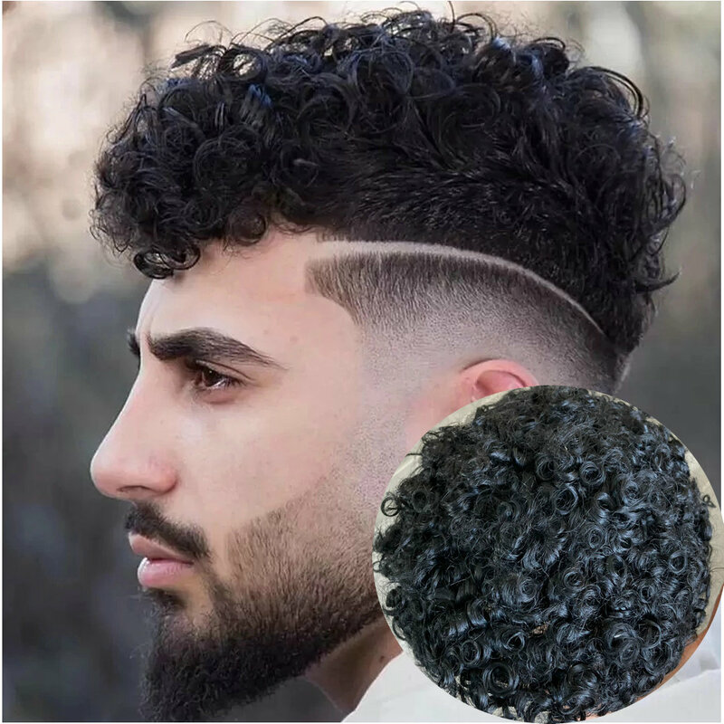 Toupet männliche Perücke 15mm lockige Männer menschliches Haar Toupet langlebige feine Mono Pu Basis Mann Haar teile Ersatz atmungsaktives System für Männer