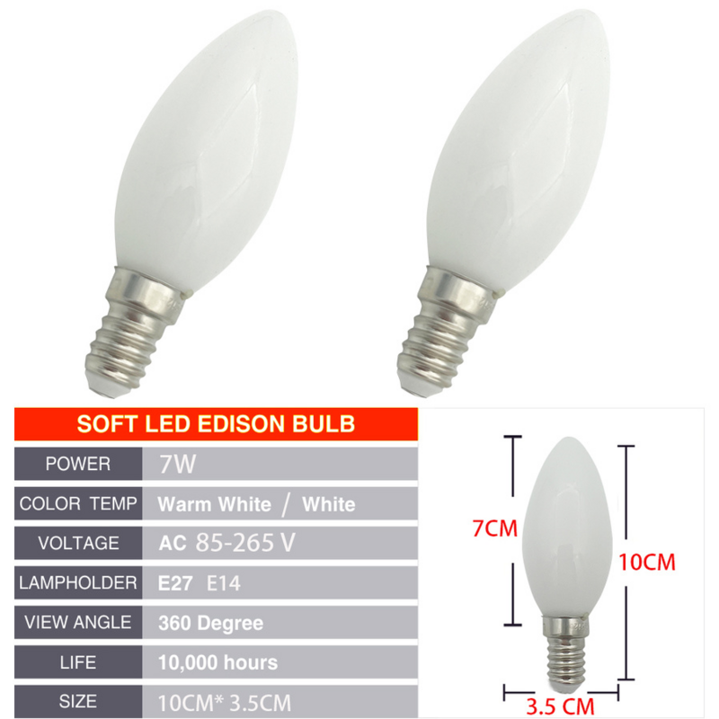 Bombilla de filamento de vela LED Retro C35, Bombilla esmerilada E12 E14, lámpara de luz de tornillo Edison regulable, candelabro Blanco cálido, 7W