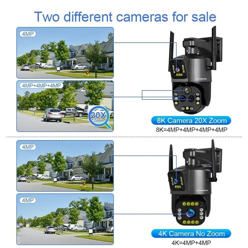 LS VISION kamera IP WiFi Ultra 8K 20X, kamera CCTV nirkabel 4K empat lensa layar ganda PTZ Cam pelacakan otomatis