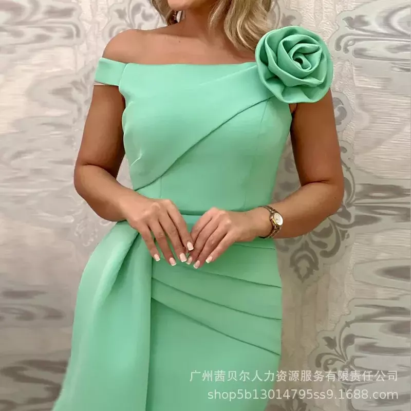 Vestido feminino verde-menta fora do ombro, decoração tridimensional de flores, recolhimento assimétrico, primavera, verão, novo