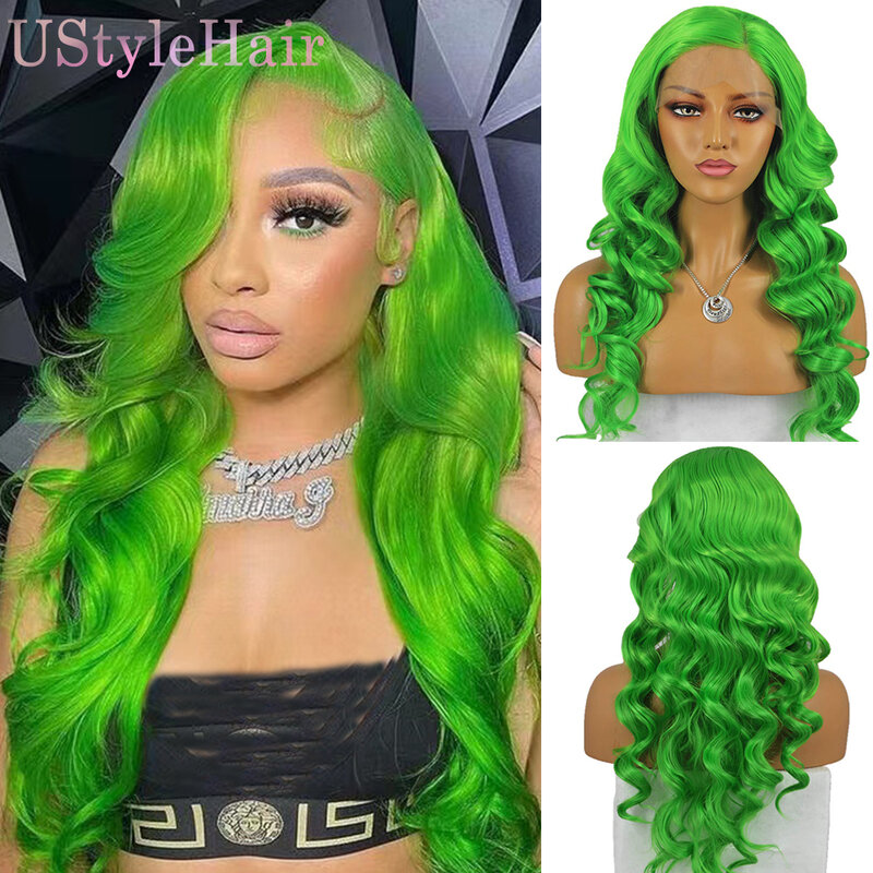 UStyleHair-Peluca de cabello sintético para mujer, postizo largo con ondas de cuerpo, malla frontal, rayita Natural, cabello de Cosplay de uso diario, color rosa