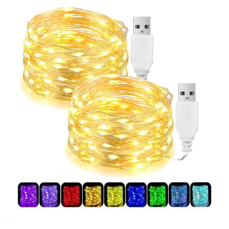 Guirnalda de luces LED con USB, luces de hadas impermeables de alambre plateado de 5/10/20M para decoración de fiestas navideñas, bodas