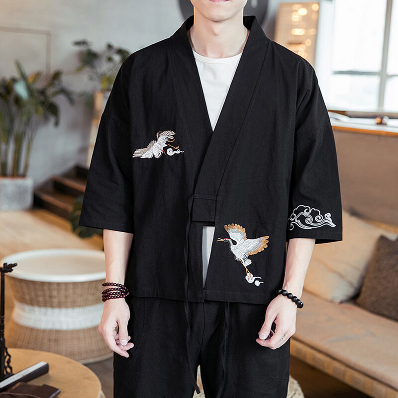 Crane bordir Haori Kimono Harajuku pria Jepang, jaket kardigan pakaian Asia Samurai Yukata