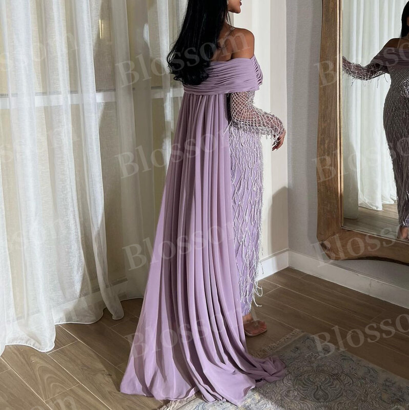 Saudi Luxus Abendkleider neue schulter freie plissierte glänzende Quaste lange Ärmel Ballkleider hellviolett formelle Party kleid